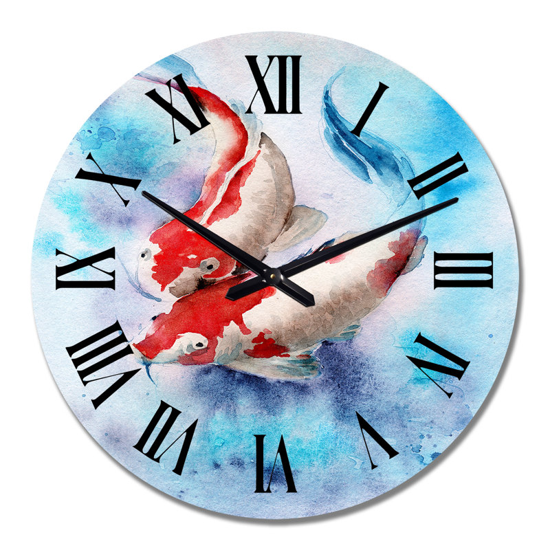 Deux poissons Koi. Taches rouges dans une eau bleue transparente - horloge murale nautique et côtière, Grand