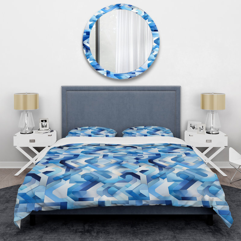 Literie symétrique rayée bleue et blanche, Housse de couette simple + 1 taie décorative stan