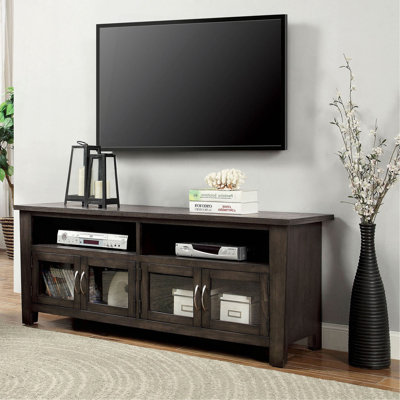 Transitional Gray TV Console With Dual Cabinet, Open Shelves, And Tempered Glass Doors | Gift Idea