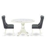EBBB788E36D54ADF8EA318B82A57CA7E 3-Pc Modern Dining Set Include a Dining Table with Veined Marble Pattern Tabletop and 2 Platinum Gray Faux Leather Chairs, Linen white