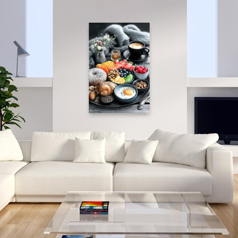 Cozy matin petit déjeuner coloré rustique contemporain, art mural, 48" H x 32" W