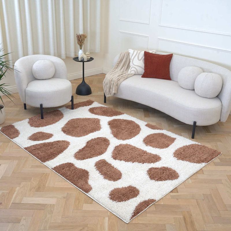 Moodi Modern Shaggy Area Rug Abstract Pebble Design, Rectangle 160 x 230 cm, Off-White/Terra