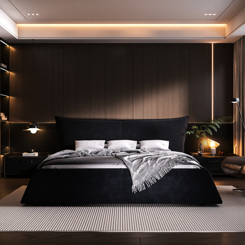 Lit tapissier noir grand format avec tête de lit en velours unique, structure en pin massif et en métal, 24 lattes larges pour tête de lit plateforme stable, support en bois, chargement épais