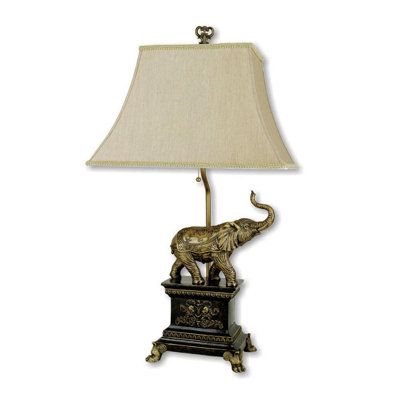 Lampe de table éléphant 29 po en polyrésine avec finition or antique, abat-jour blanc