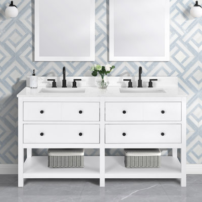 Meuble-lavabo double Encino 60 po avec comptoir, lavabo et dosseret en quartz blanc de Carrare, préassemblé, 60,5 po L x 21,5 po P x 34,5 po H