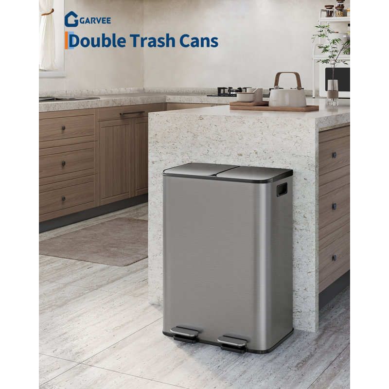Poubelle double en acier inoxydable avec couvercle à fermeture douce et 2 seaux intérieurs pour le recyclage de la cuisine