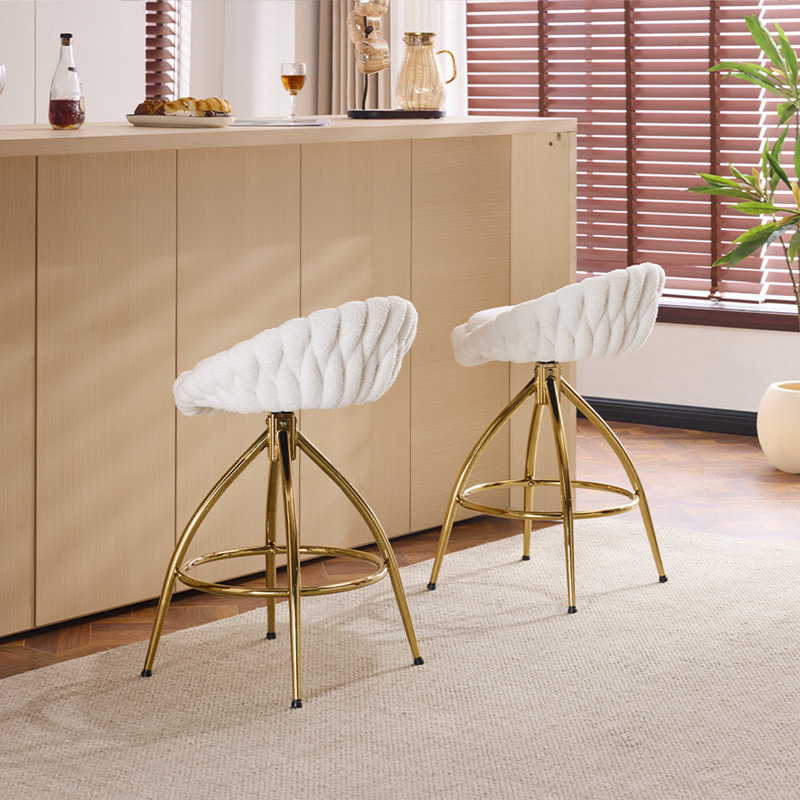 2 Piece Set Of White Swivel Bar Stools With Teddy Fleece And Electro - Plated Gold Iron Legs