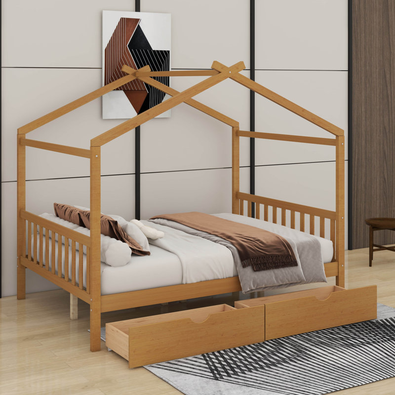Lit plateforme double pleine grandeur avec 2 tiroirs, tête et pied de lit, toit, Naturel