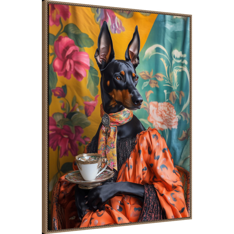 «The Tea Connoisseur Doberman» par Keyshanna, reproduction d'art sur toile encadrée, H 42 po x l 32 po