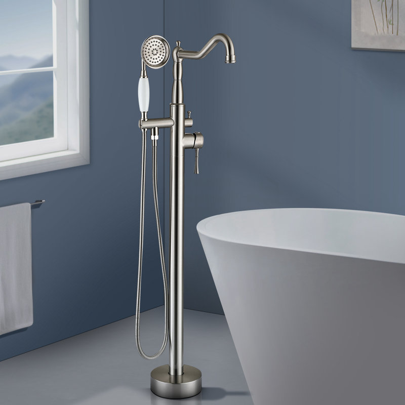 Topcraft Single Handle Floor Mounted Freestanding Tub Faucet with Handheld Shower, Brushed Nickel