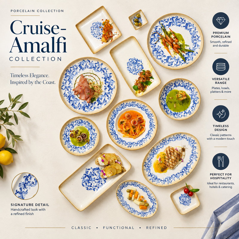 Assiette empilable Cruise-Amalfi en porcelaine de qualité supérieure Selas à bord court, 9.8x9.8x0.75"