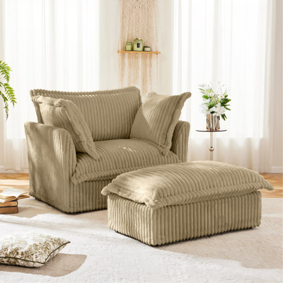 Fauteuil rembourré avec housse avec repose-pieds, fauteuil à assise profonde avec repose-pieds large pour le salon, ensembles de fauteuils avec grands coussins moelleux, tissu velours côtelé