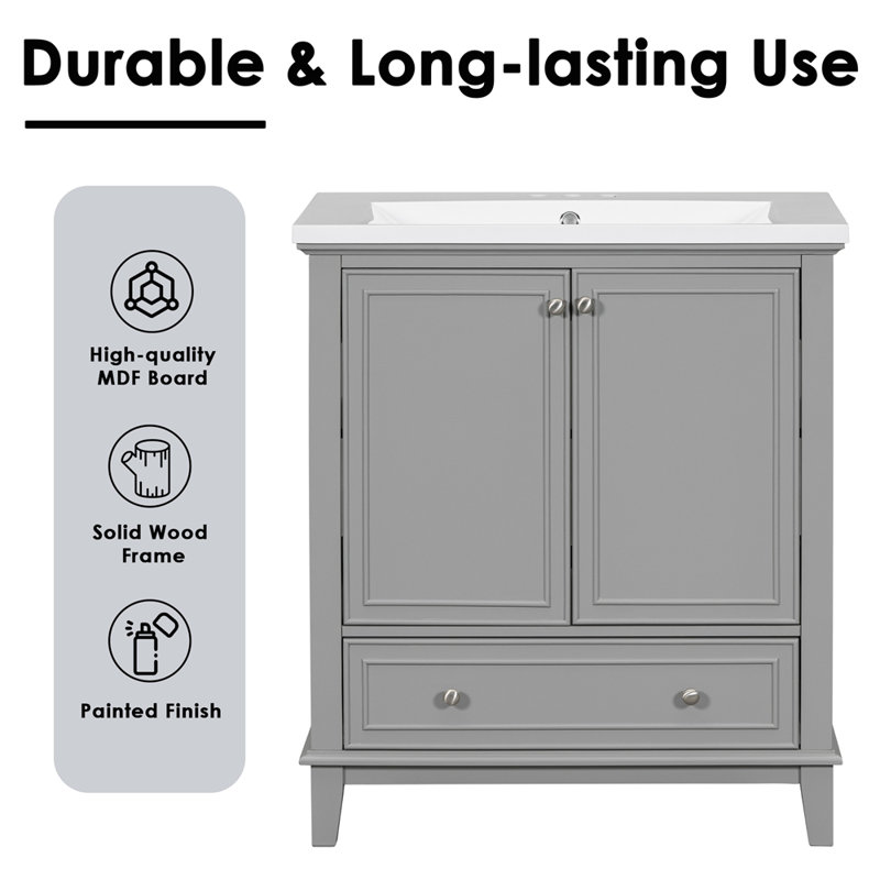 Gray Solid Wood and MDF 30" Bathroom Vanity with Ceramic Sink