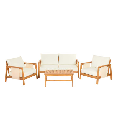Ensemble de canapés d'extérieur 4 pièces avec coussins hydrofuges, structure en bois d'acacia, décorations en textilène et table basse assortie pour un patio, une terrasse ou une cour.