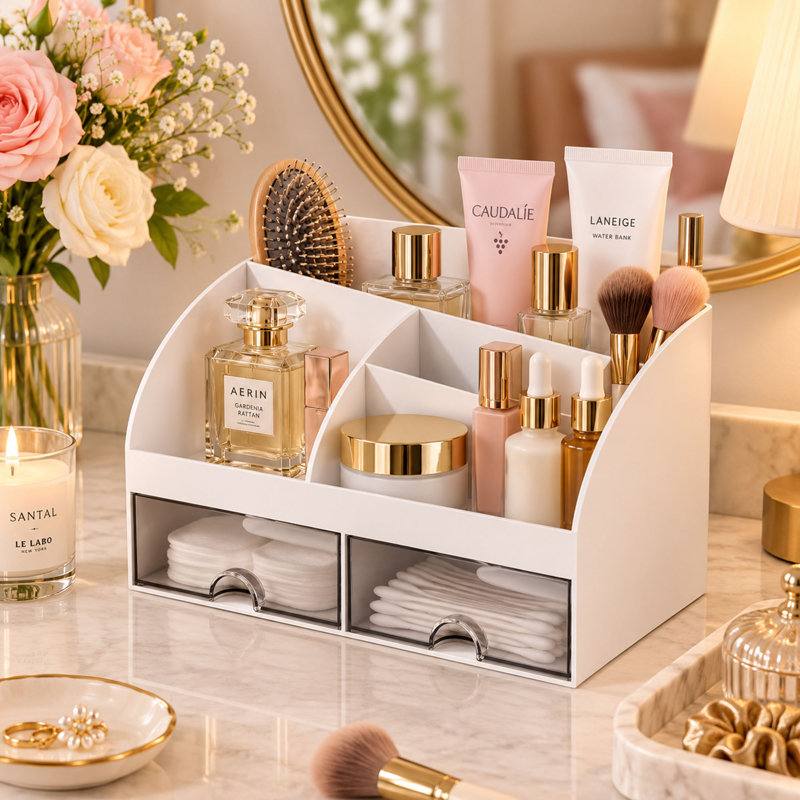 Organisateur de maquillage blanc avec tiroirs pour coiffeuse et comptoir de salle de bain