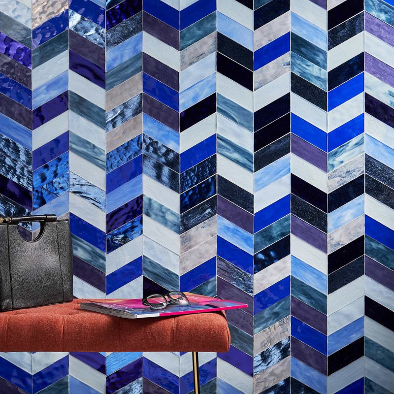 Elizabeth Sutton Meta Glossy Glass Chevron Mosaic Tile, Bayou