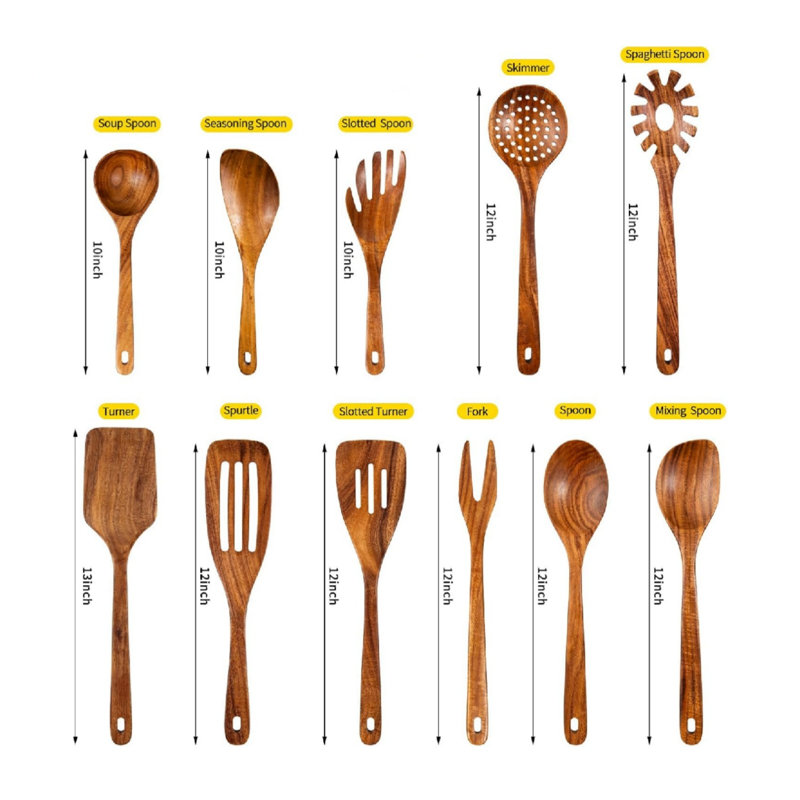 Natural Wooden Kitchen Utensils Set, 11 Pc Spoons for Non-stick Pan