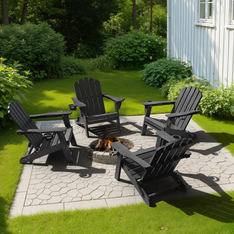 Fauteuil Adirondack pliable surdimensionné en PEHD résistant aux intempéries avec porte-gobelet, Noir
