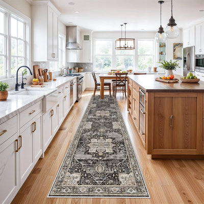 Hallway 3x12 Runner Rugs - Large Boho Rugs for Living Room Stain Resistant Carpet Vintage Tribal Rugs for Bedroom Kitchen Bathroom Non Slip Backing Home Decor Floor Decoration Mat 3X12 Black