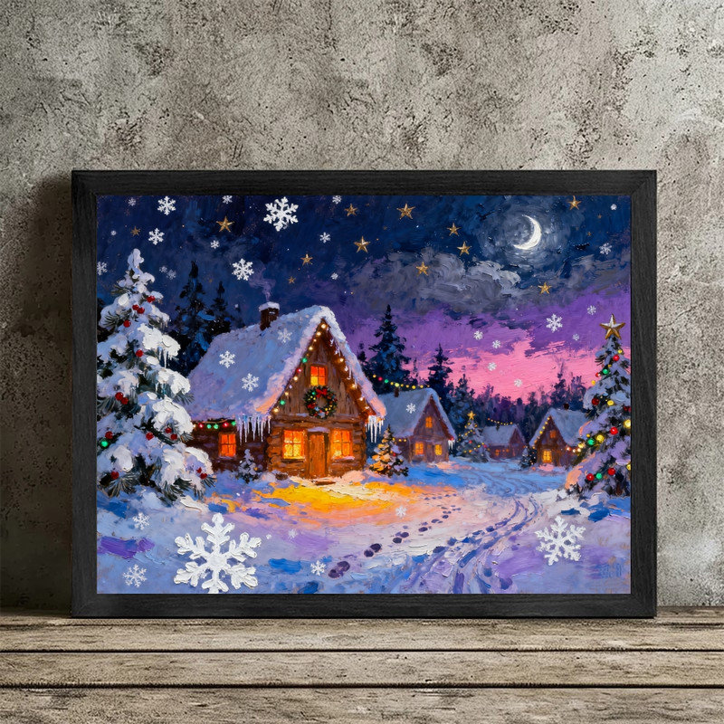 Impression sur toile encadrée noire, village de Noël impressionniste, nuit d'hiver enneigée, H 37 po x l 25 po