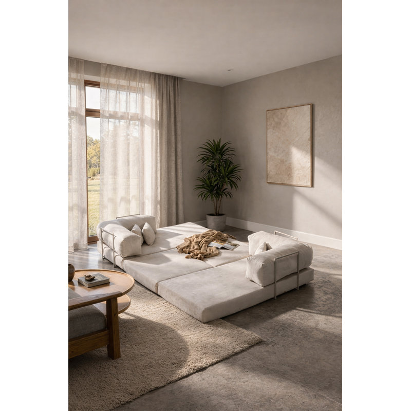Canapé modulaire en velours crème à assise basse, Crème