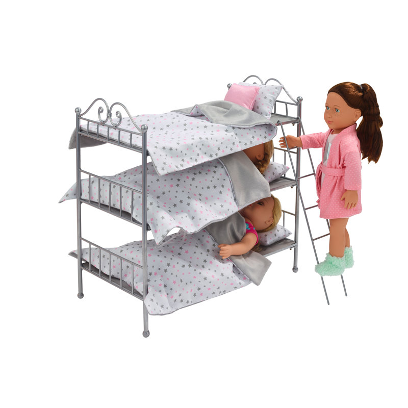 Scrollwork Triple Doll Bunk Bed with Ladder and Bedding