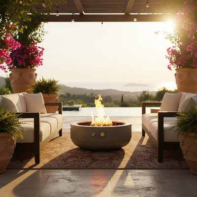 11" H x 26" W Outdoor Round Compact Gas Fire Pit Bowl 40,000BTU in Concrete looking