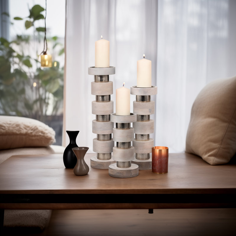 Foxx Modern Neutral Hollis Wood Candle Sticks, Set of 3 - 6" x 6" x 22", Beige/Silver