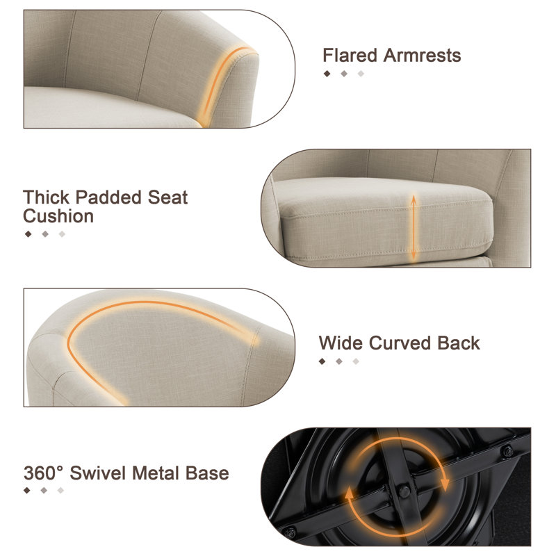 Fauteuil demi-tonneau pivotant rembourré Aunna, Mélange de lin brun