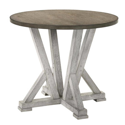 Table de salle à manger à hauteur de comptoir de style rustique, blanc antique / brun cendré, bois massif, placage de chêne noueux, 4, base à piédestal avec pieds bicolores bruns, sièges en bois 4 et support pour les pieds