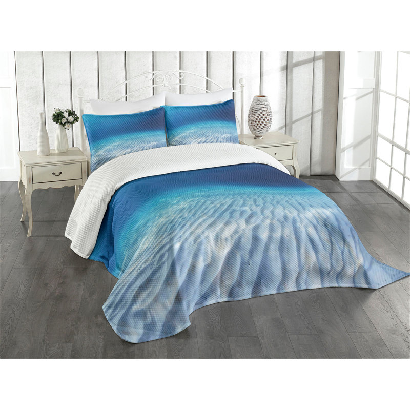 King Size White and Blue Quilted Bedspread Set