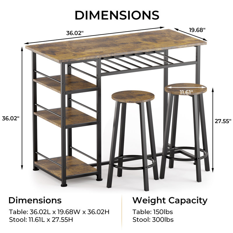 Dining Table Set for 2, Counter Height Kitchen Table and Chairs with Storage Shelves & Wine Rack, Bar Table Set with 2 Bar Stools, 3 Piece Dining Room Table Set for Small Space