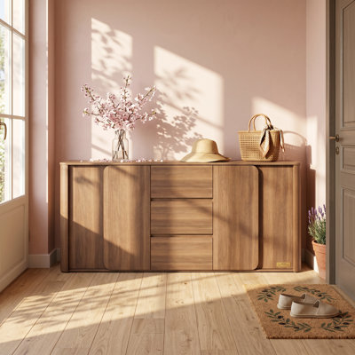 Teterboro 78.7" Wide Large Walnut Shoe Cabinet – 2 Cabinets + 3 Drawers, Rounded Corners