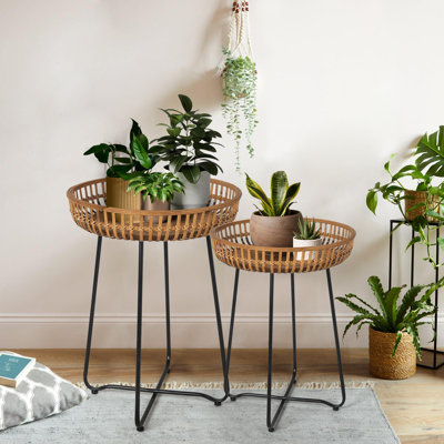 Rattan Side Table, Nesting Tables, Set Of 2, Bamboo Coffee With Metal Base For Living Room, Sofa, Bedroom, Terrace (18.11''&20.47'')