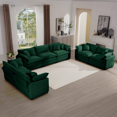 Ensemble de salon moderne en tissu 2 pièces, un canapé 2 places, un canapé 3 places avec un grand fauteuil inclinable à 8 coussins, tissu velours côtelé vert