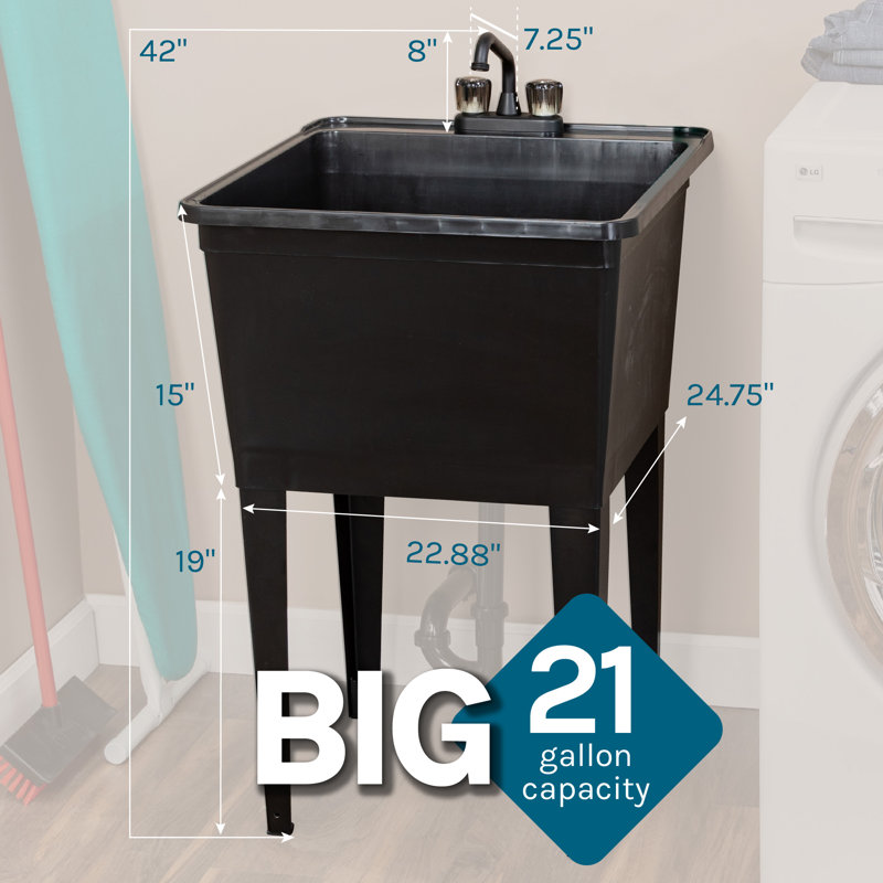 Évier à lessive autoportant L 23 po x l 25 po avec robinet, Noir, Noir mat