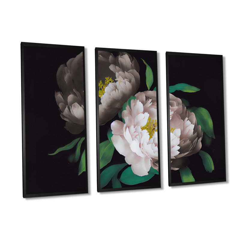 Pivoine blanche sur fond noir III - Pivoine blanche sur fond noir III - 3 pièces, reproduction sur toile, Cadre noir