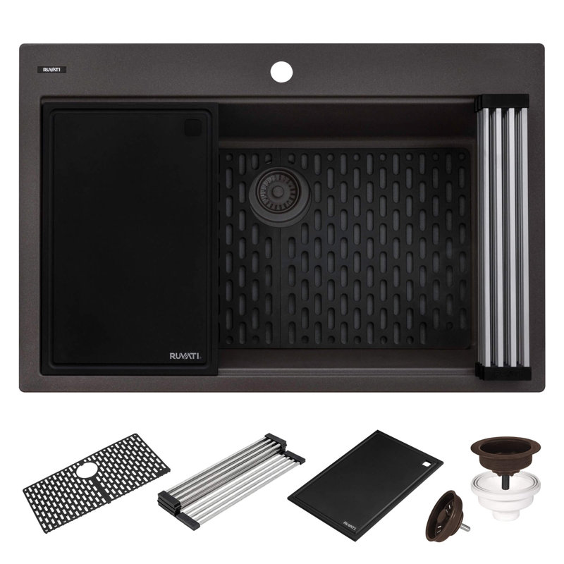 33'' L Drop-In Double Bowl Granite Kitchen Sink, Espresso