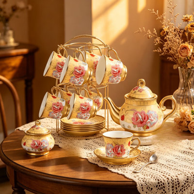 21-Piece Vintage Ceramic Teapot Set with Porcelain Cups, Metal Holder, and 3-Tier Cupcake Stand for Weddings, Parties, and Home Decor