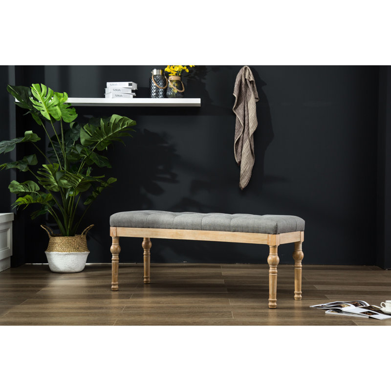 Solid Wood Bench In Grey For Dining - Habit , Comfortable Seat, Leg Frame, 48"X16"X19.5 Room Construction, Fabric Ornate Detail,