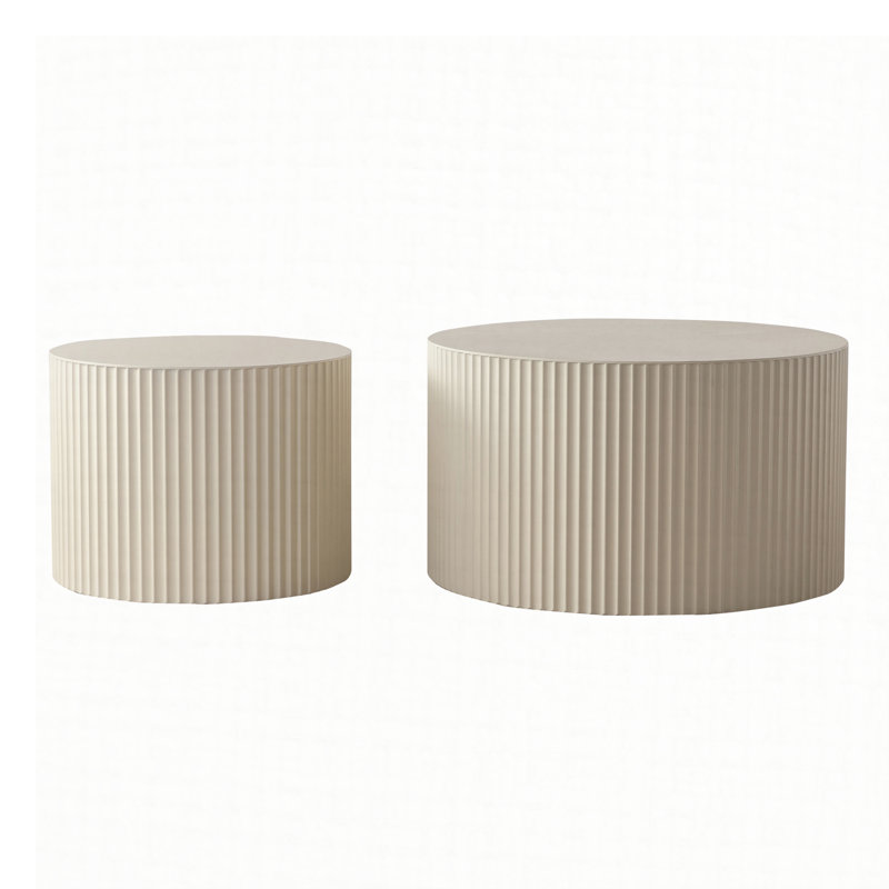Beige Nesting Coffee Table Set of 2 Modern Drum Side Table End Table Wave Stripe Round Coffee Table for Living Room