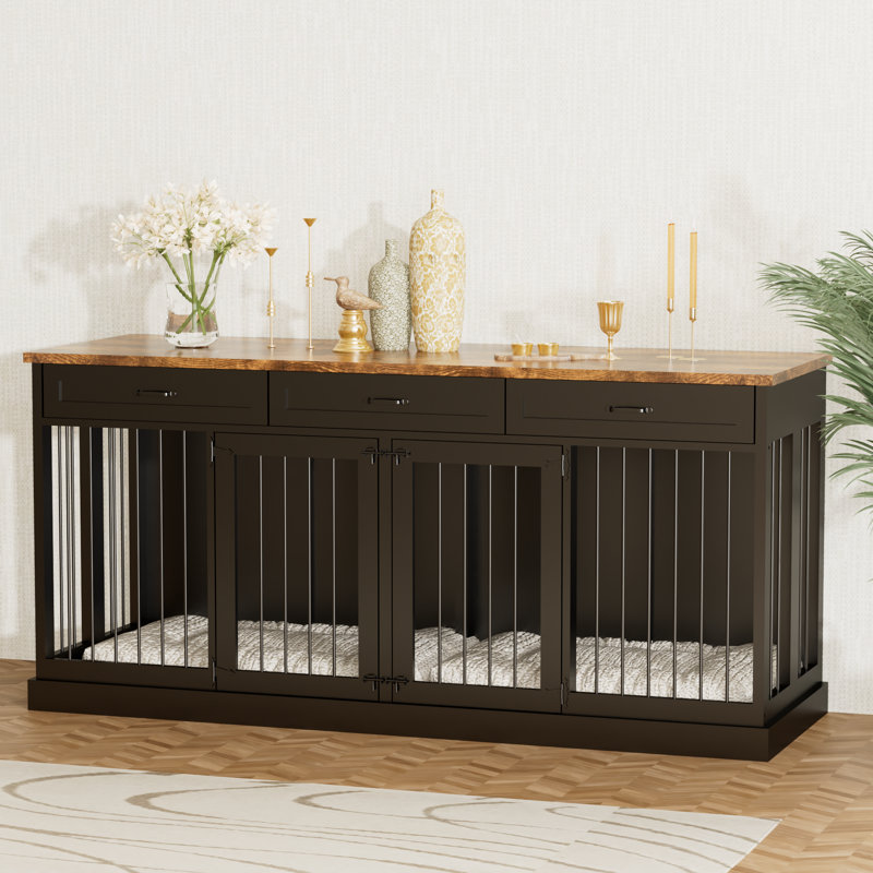 70.86" Wooden Dog Crate Furniture With 3 Drawers And Remove Diliver, Double Dog Kennel Furniture, Black/Rustic Brown