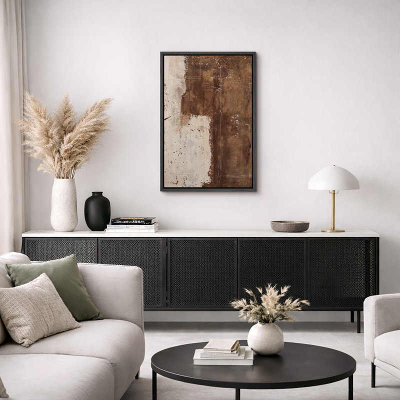 Style Mid-Century brun foncé, formes abstraites neutres, grand cadre rustique, décor minimaliste M20, H 36 po x l 24 po, Noir