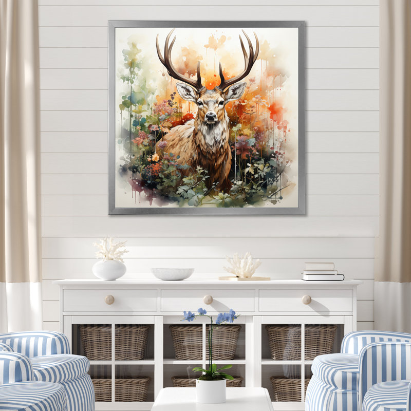 «Blus Deer Abstracted Nature» - reproduction, Cadre simple argenté, H 30 po x l 30 po x P 1 po