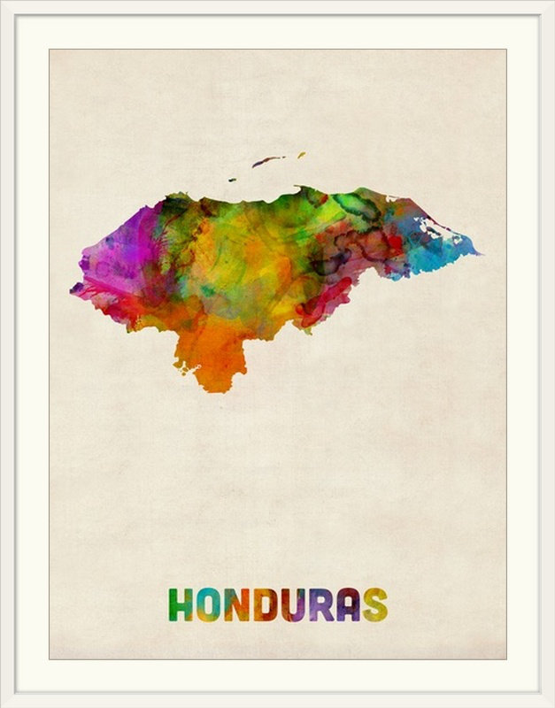 «Honduras Watercolor Map» par Abarca, impression, Cadre blanc, H 32 po x l 26 po x P 1 po