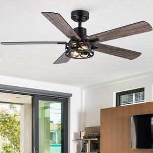 52 Inch 2 Lights Industrial Ceiling Fan Lights  Remote Control, Reversible 5 Blades Dark Grey Wood Grain with 6 Speeds, DC Quiet Motor for Dining Room, Bedroom.