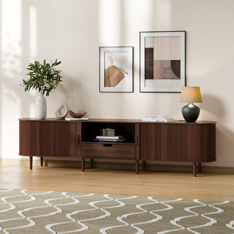 TV Stand with Storage For 65" - 85" TVs, Entertainment Center with Power Outlet, Fluted Media Console with Sliding Doors, Mid Century Modern Wood TV Console With Drawers And Shelves For Living Room