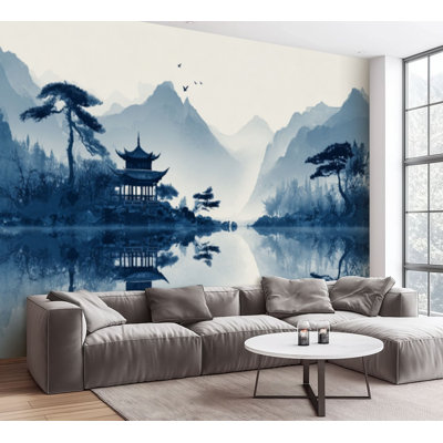 Papier peint adhésif à la main Encre de Chine Paysage de montagne Misty Lake Ancienne décoration murale en papier autocollant amovible pour salon H 100 po x l 144 po