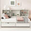 Lit de jour simple blanc crème avec tablettes latérales, tiroirs et tablettes de rangement-1687244608