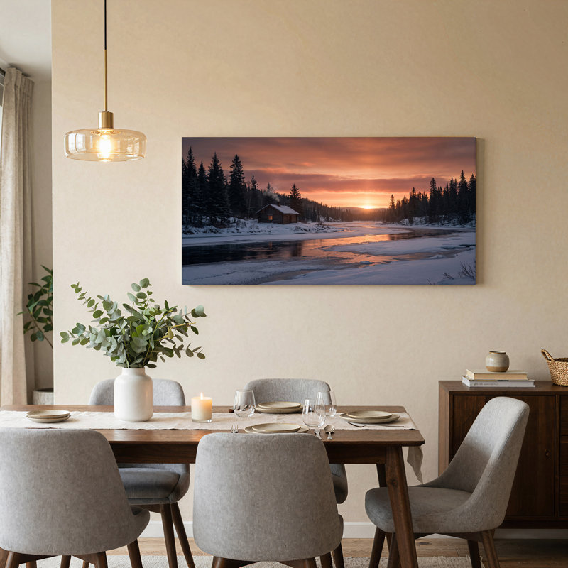 Toile en rondins près de la rivière gelée au coucher du soleil, art mural, 40“W x 20”H